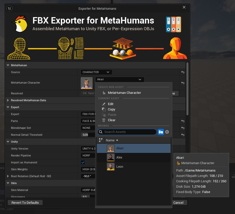 The MetaHuman Character field open, listing the project's MetaHumans to pick from