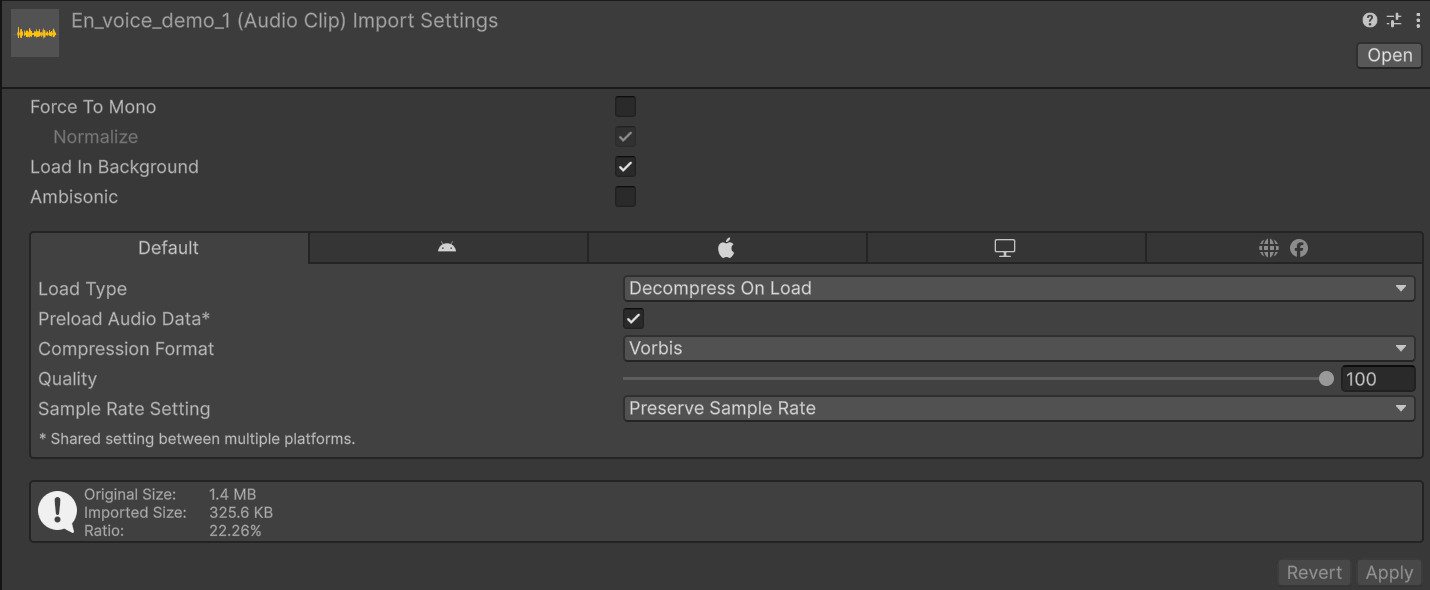 Unity's import settings for a voice clip, with Load Type set to Decompress On Load on the Default tab