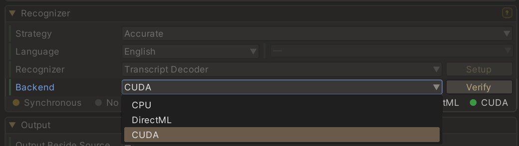 The Recognizer section with the Backend dropdown open on CPU, DirectML and CUDA, CUDA selected, beside the Verify button