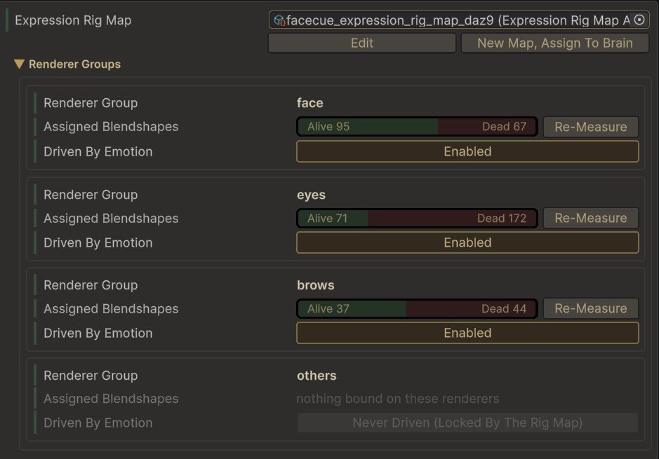 The Renderer Groups section on the Emotion driver: face, eyes and brows each with an Alive and Dead bar, a Re-Measure button and Driven By Emotion reading Enabled, and others reading Never Driven, Locked By The Rig Map