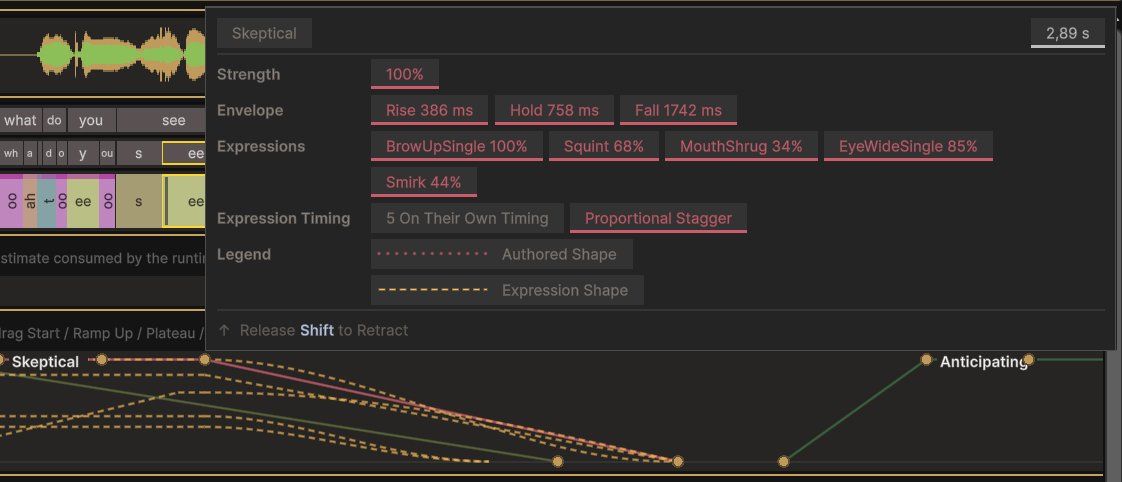 The emotion tooltip, showing strength, envelope timings, the five expressions the emotion resolves into with their weights, and the timing mode