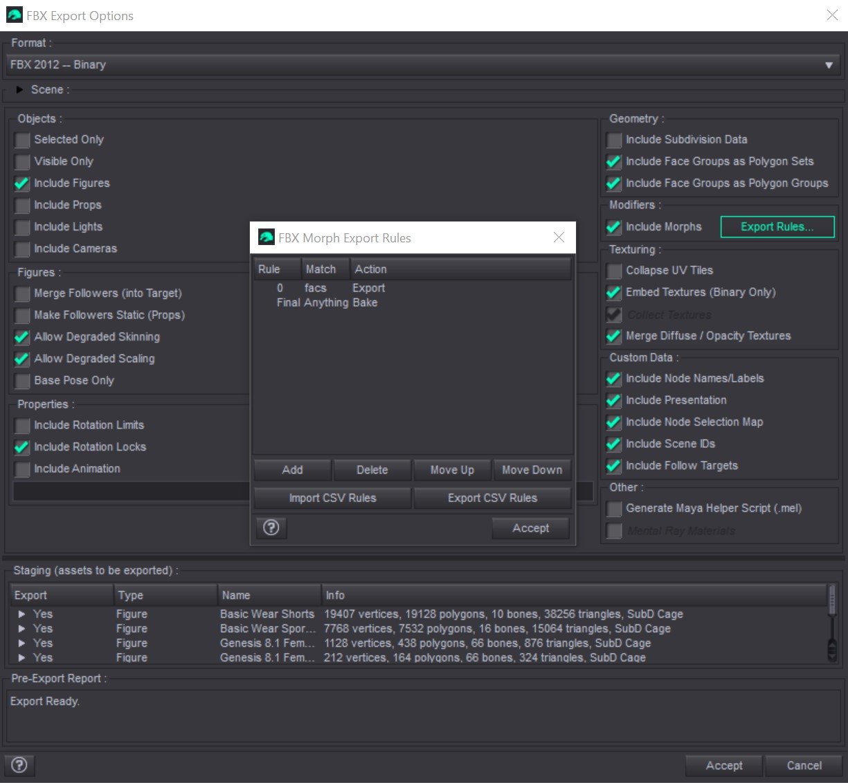 The FBX Export Options dialog with Include Morphs checked under Modifiers, and the FBX Morph Export Rules table open over it holding one rule, facs matched to Export, above the Final rule, Anything to Bake