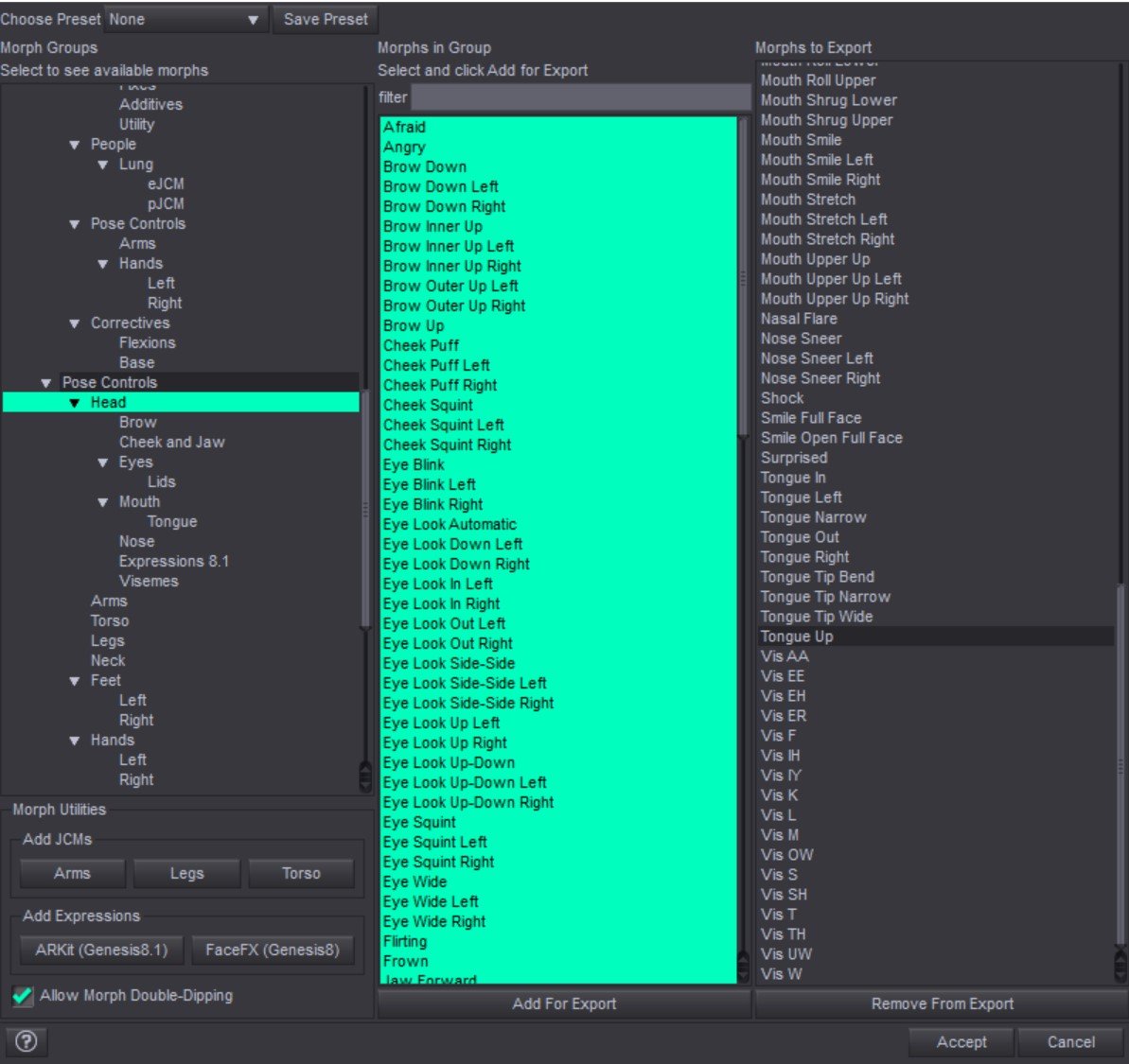 The bridge's Choose Morphs window: the Morph Groups tree with Pose Controls, Head selected, the head morphs listed in the middle column, the Morphs to Export column filled with expressions, tongue blendshapes and the Vis visemes, and Allow Morph Double-Dipping checked at the bottom left