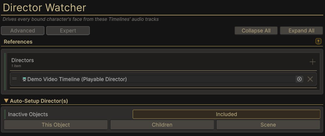 The Director Watcher inspector: the Directors list holding one Playable Director, and Auto-Setup Director(s) open below with Inactive Objects and the This Object, Children and Scene buttons