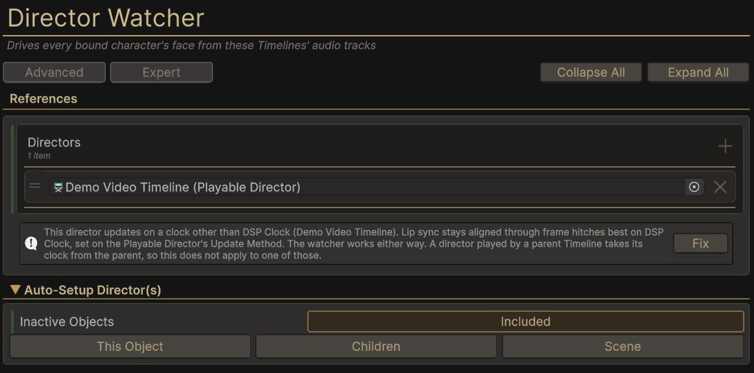 The Director Watcher inspector: the Directors list holding one Playable Director, a note that the director is not on DSP Clock with a Fix button beside it, and Auto-Setup Director(s) open below with Inactive Objects and the This Object, Children and Scene buttons