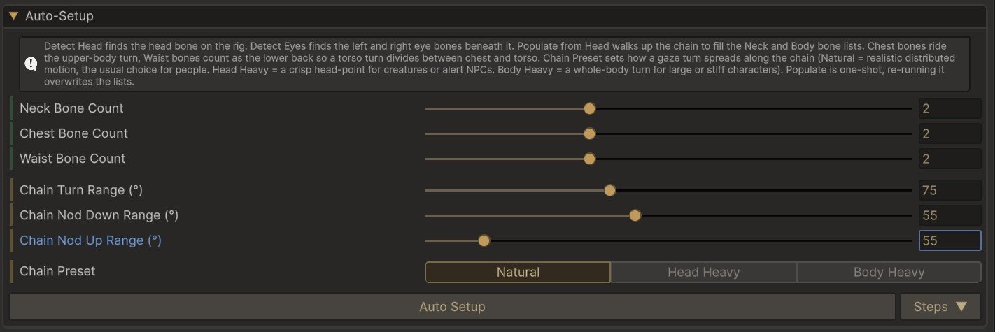 The Auto-Setup section: bone counts for neck, chest and waist, the chain's turn and nod ranges, the Chain Preset, and the Auto Setup button with its Steps menu