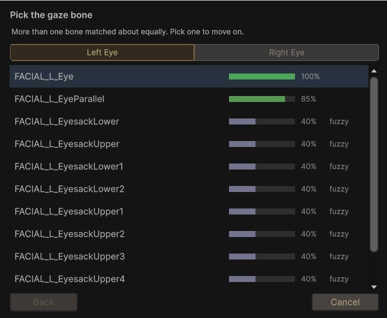 The gaze bone picker: a list of candidate bones for the left eye, each with a match bar and a percentage, the top one at 100 percent