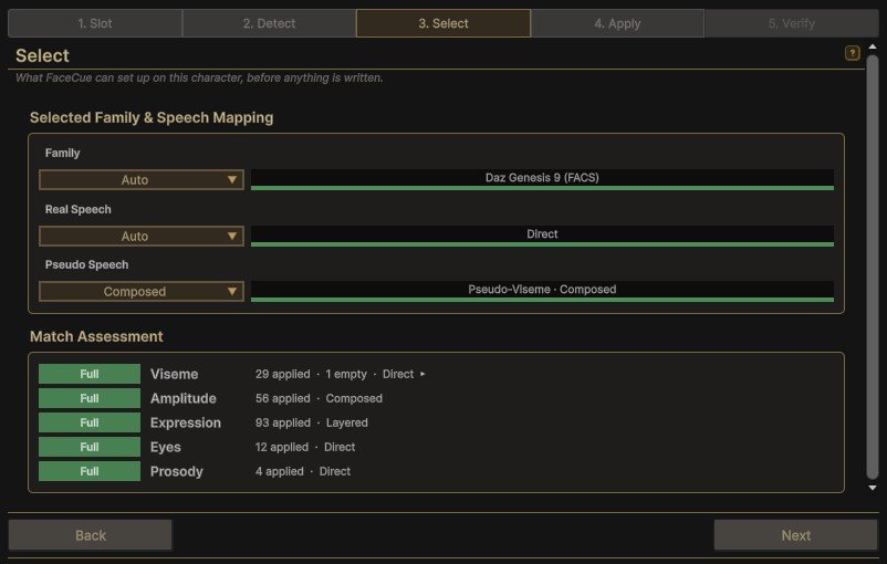 The Select step: the Family and Real Speech pickers on Auto, Pseudo Speech set to Composed, and a Match Assessment with five Full rows