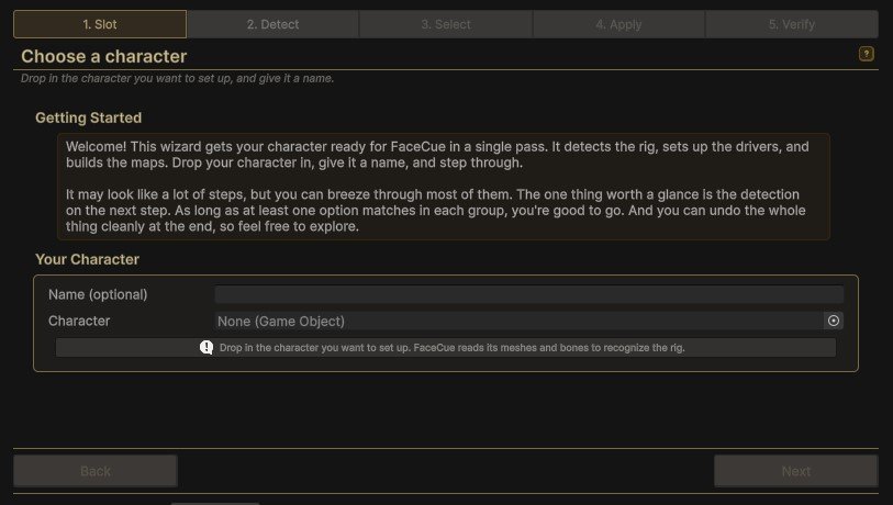 The Slot step, with a Getting Started explainer above a Name field and an empty Character field