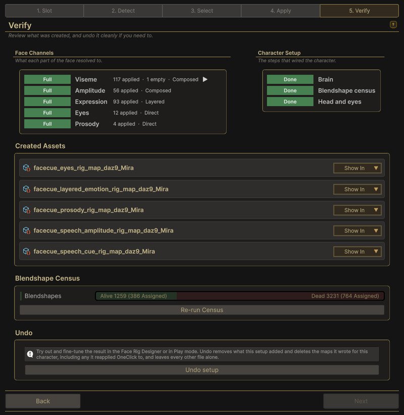 The Verify step: Face Channels and Character Setup side by side, five created assets each in its own box with a Show In picker, the census bar with its Re-run Census button, and the Undo section