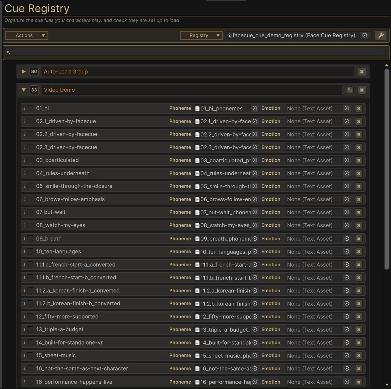 The Cue Registry window, showing two groups of clips with their phoneme and emotion files
