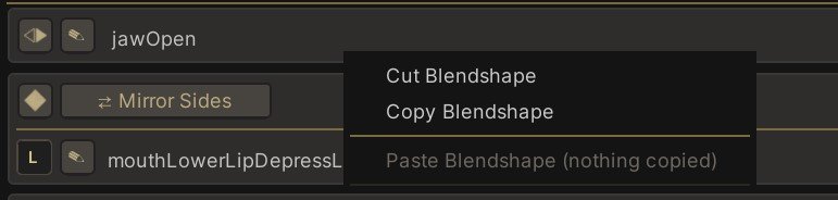 The bind context menu: Cut Blendshape, Copy Blendshape, and a greyed Paste Blendshape reading Nothing Copied