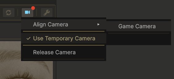 The camera menu open under the camera button, which carries a red badge: Align Camera with its submenu listing Game Camera, Use Temporary Camera ticked, and Release Camera