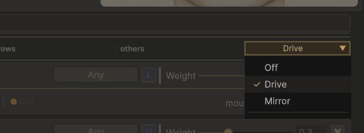 The drive dropdown open at the right end of the renderer group row, offering Off, Drive ticked, and Mirror