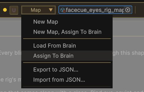 The Map dropdown open beside a yellow state dot: New Map and New Map, Assign To Brain, then Load From Brain and Assign To Brain, then Export to JSON and Import from JSON