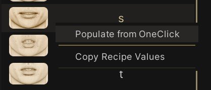 The recipe context menu: Populate from OneClick above a separator, then Copy Recipe Values