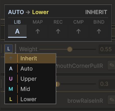 A bind's region pip hovered and opened: the chain from LIB down to BIND with the library's Auto lit and every level below inheriting, resolving to Lower, and below it the dropdown offering Inherit, Auto, Upper, Mid and Lower